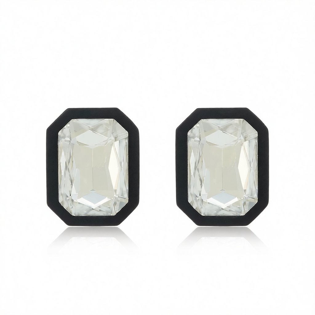 Black and Crystal Rectangle Stud Earrings, stud earrings for women, elegant gift for her, side view