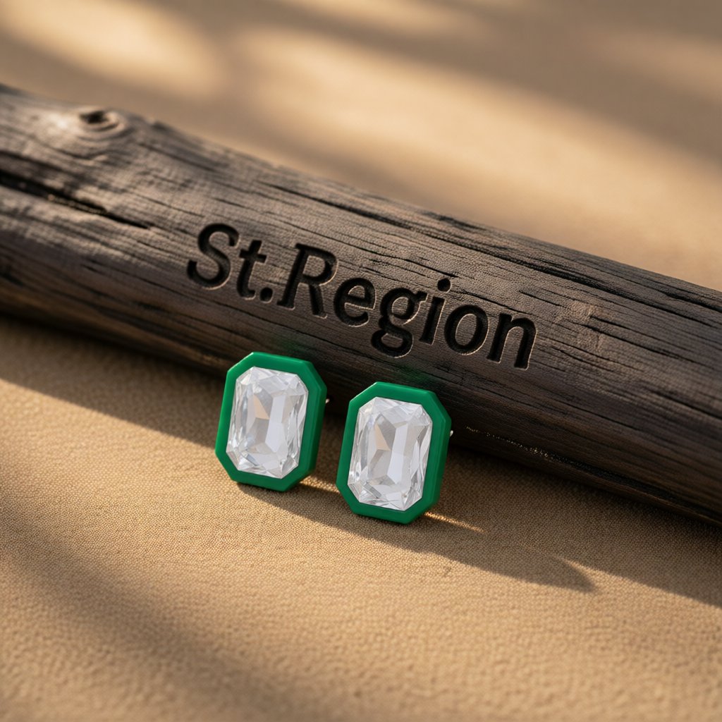 Green and Crystal Rectangle Stud Earrings, cubic zirconia stud earrings for women, everyday style, front view