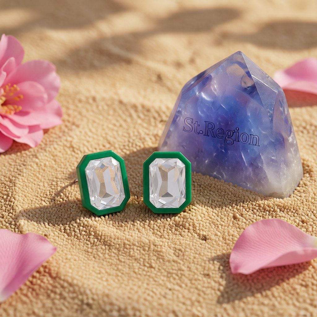 Green and Crystal Rectangle Stud Earrings, cubic zirconia stud earrings for women, everyday style, detail close-up
