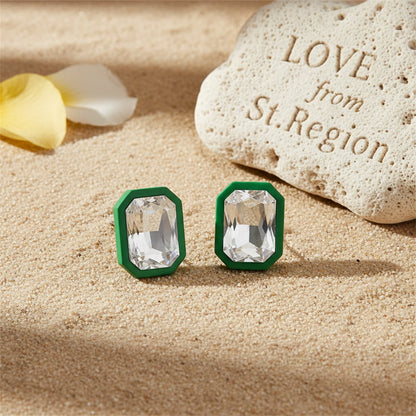 Green and Crystal Rectangle Stud Earrings, cubic zirconia stud earrings for women, everyday style, lifestyle look