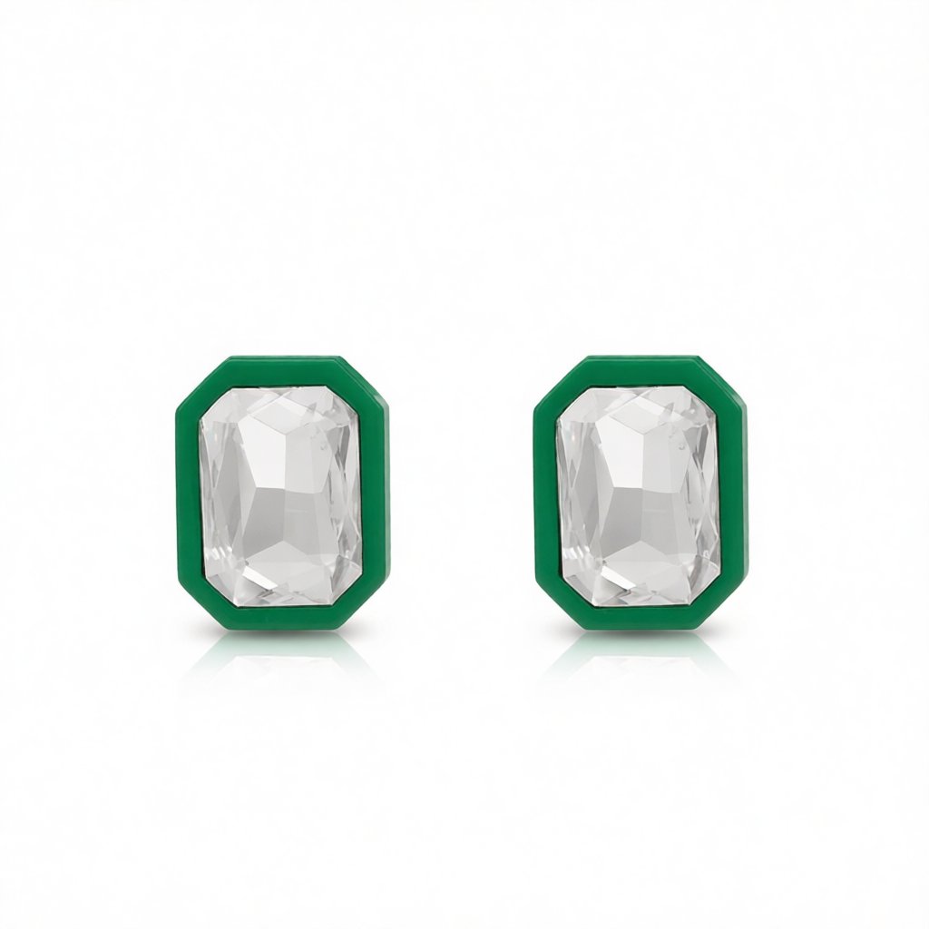 Green and Crystal Rectangle Stud Earrings, cubic zirconia stud earrings for women, everyday style, side view