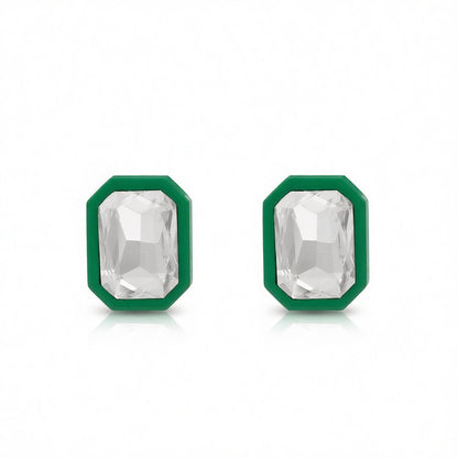 Green and Crystal Rectangle Stud Earrings, cubic zirconia stud earrings for women, everyday style, side view