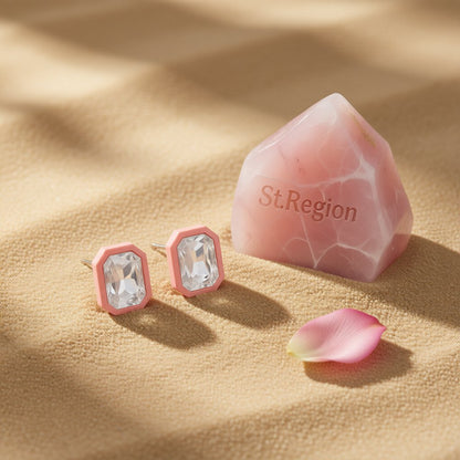 Crystal and Pink Rectangle Stud Earrings, stud earrings for women, elegant gift for her, detail close-up
