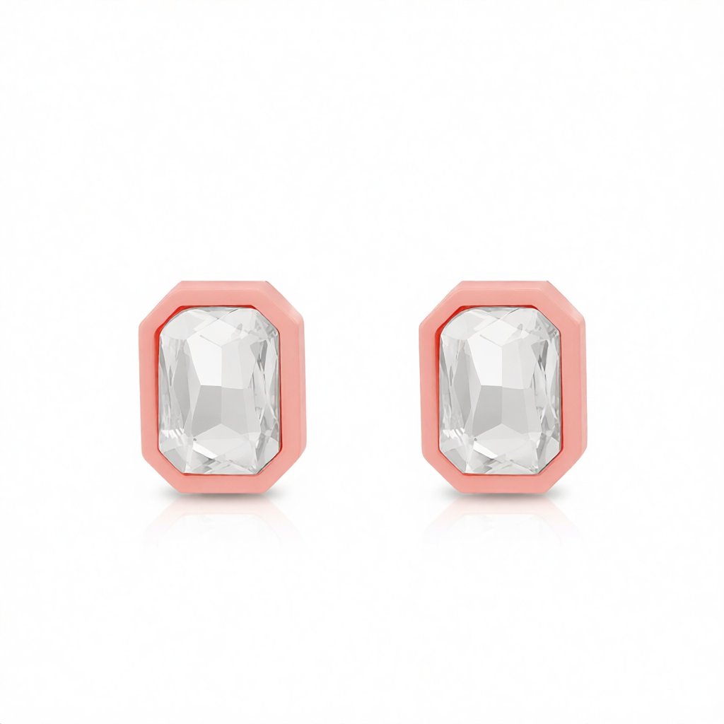 Crystal and Pink Rectangle Stud Earrings, stud earrings for women, elegant gift for her, side view