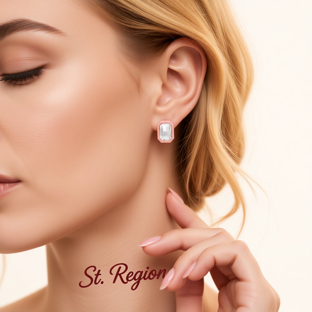 Crystal and Pink Rectangle Stud Earrings, stud earrings for women, elegant gift for her, styled look