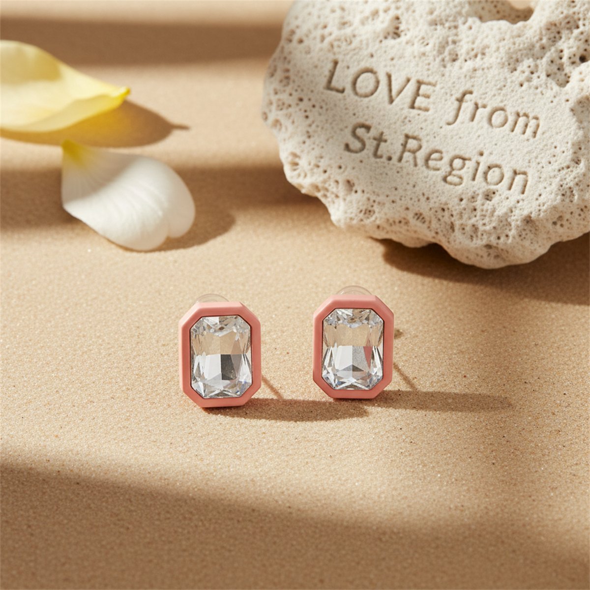 Crystal and Pink Rectangle Stud Earrings, stud earrings for women, elegant gift for her, lifestyle look