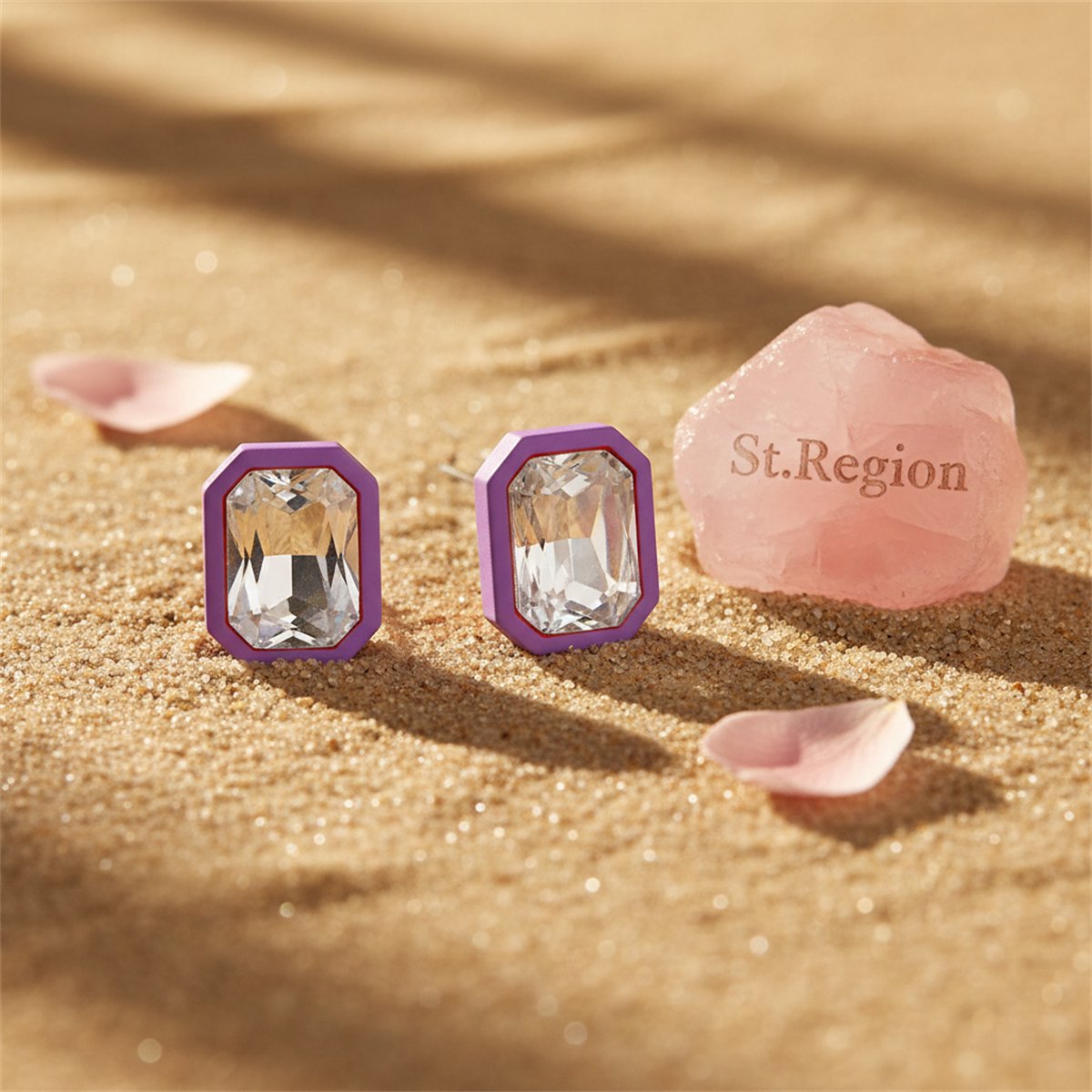 Purple and Crystal Rectangle Stud Earrings, cubic zirconia stud earrings for women, vintage-inspired design, detail close-up