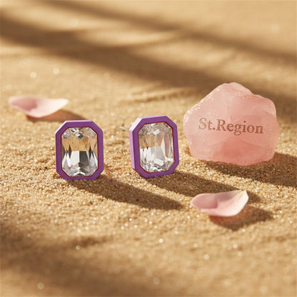 Purple and Crystal Rectangle Stud Earrings, cubic zirconia stud earrings for women, vintage-inspired design, detail close-up