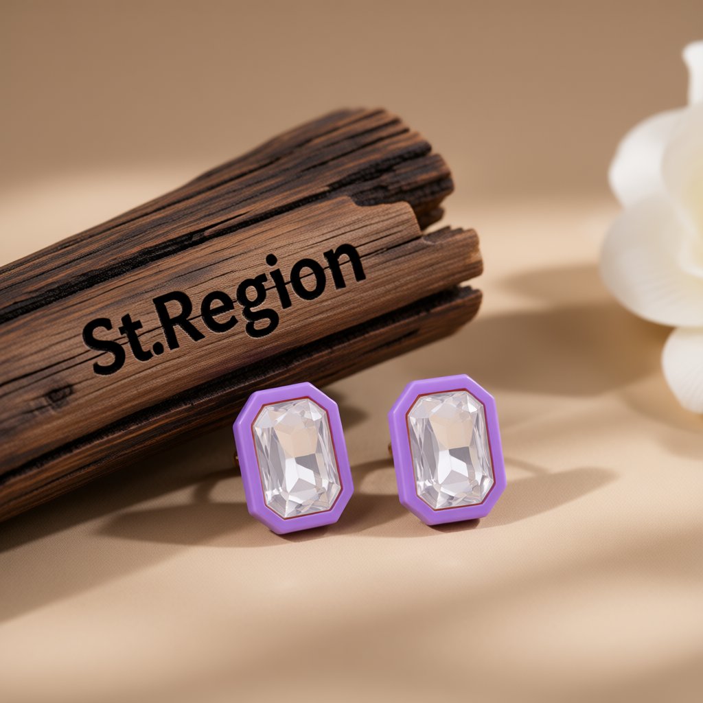 Purple and Crystal Rectangle Stud Earrings, cubic zirconia stud earrings for women, vintage-inspired design, front view