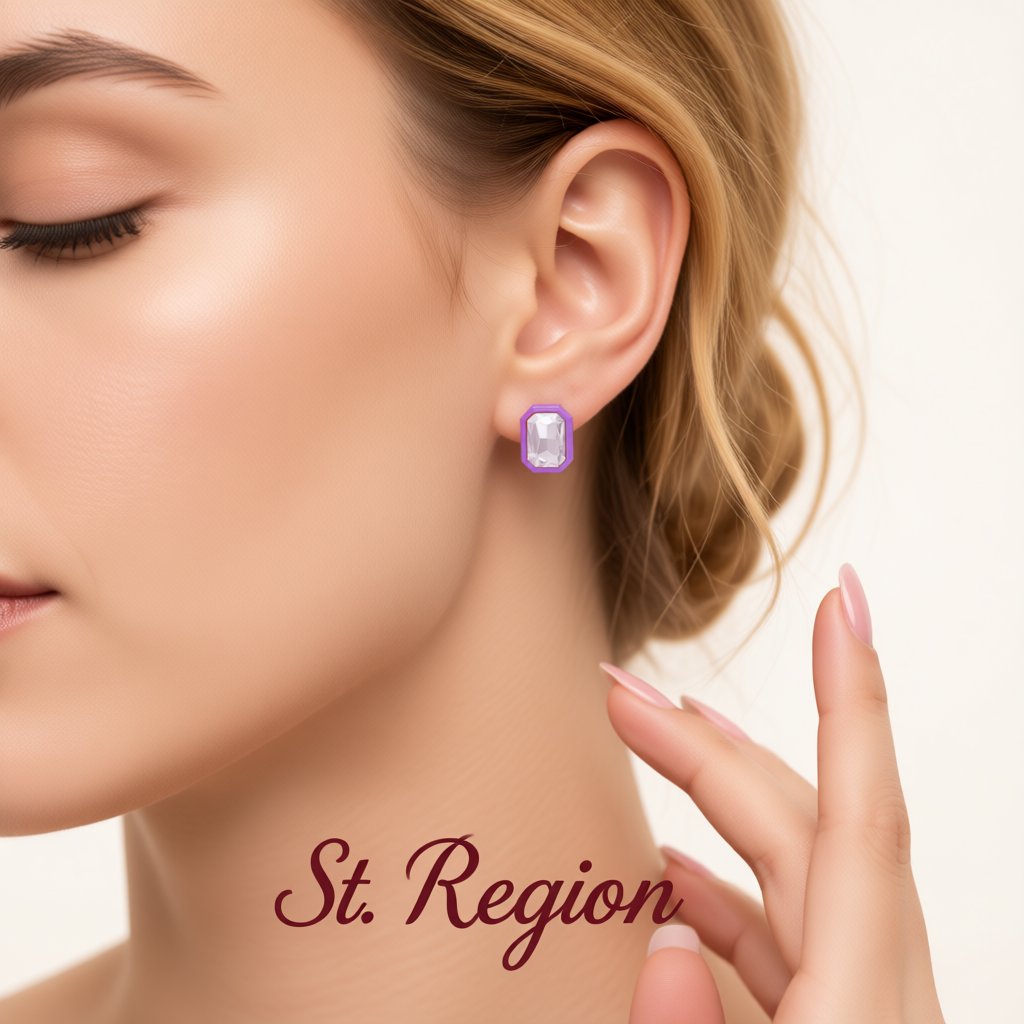 Purple and Crystal Rectangle Stud Earrings, cubic zirconia stud earrings for women, vintage-inspired design, styled look