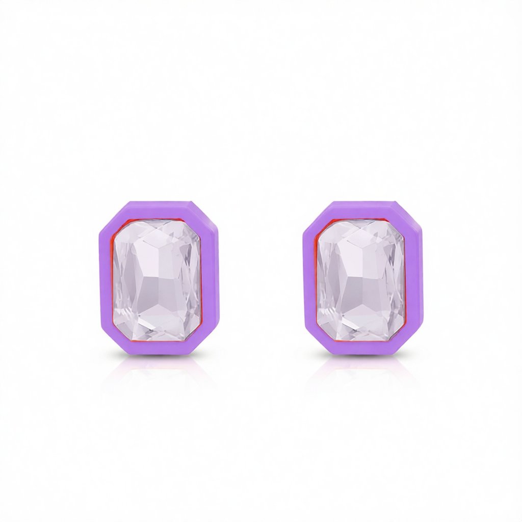 Purple and Crystal Rectangle Stud Earrings, cubic zirconia stud earrings for women, vintage-inspired design, side view