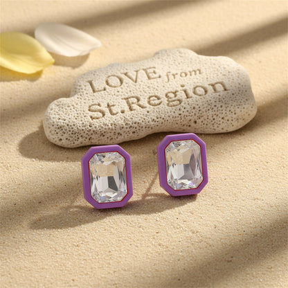 Purple and Crystal Rectangle Stud Earrings, cubic zirconia stud earrings for women, vintage-inspired design, lifestyle look