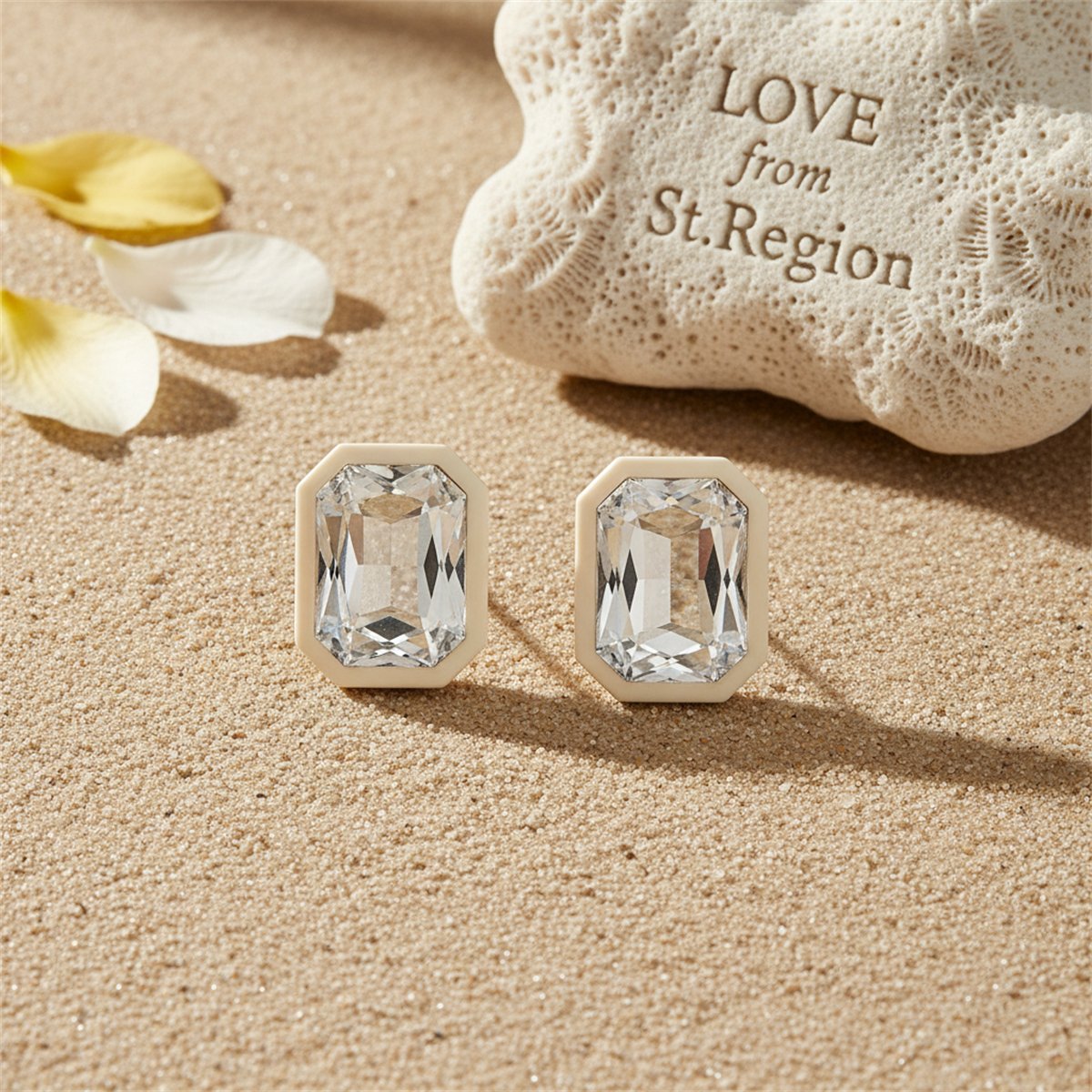 Crystal and White Rectangle Stud Earrings, stud earrings for women, botanical inspired, lifestyle look