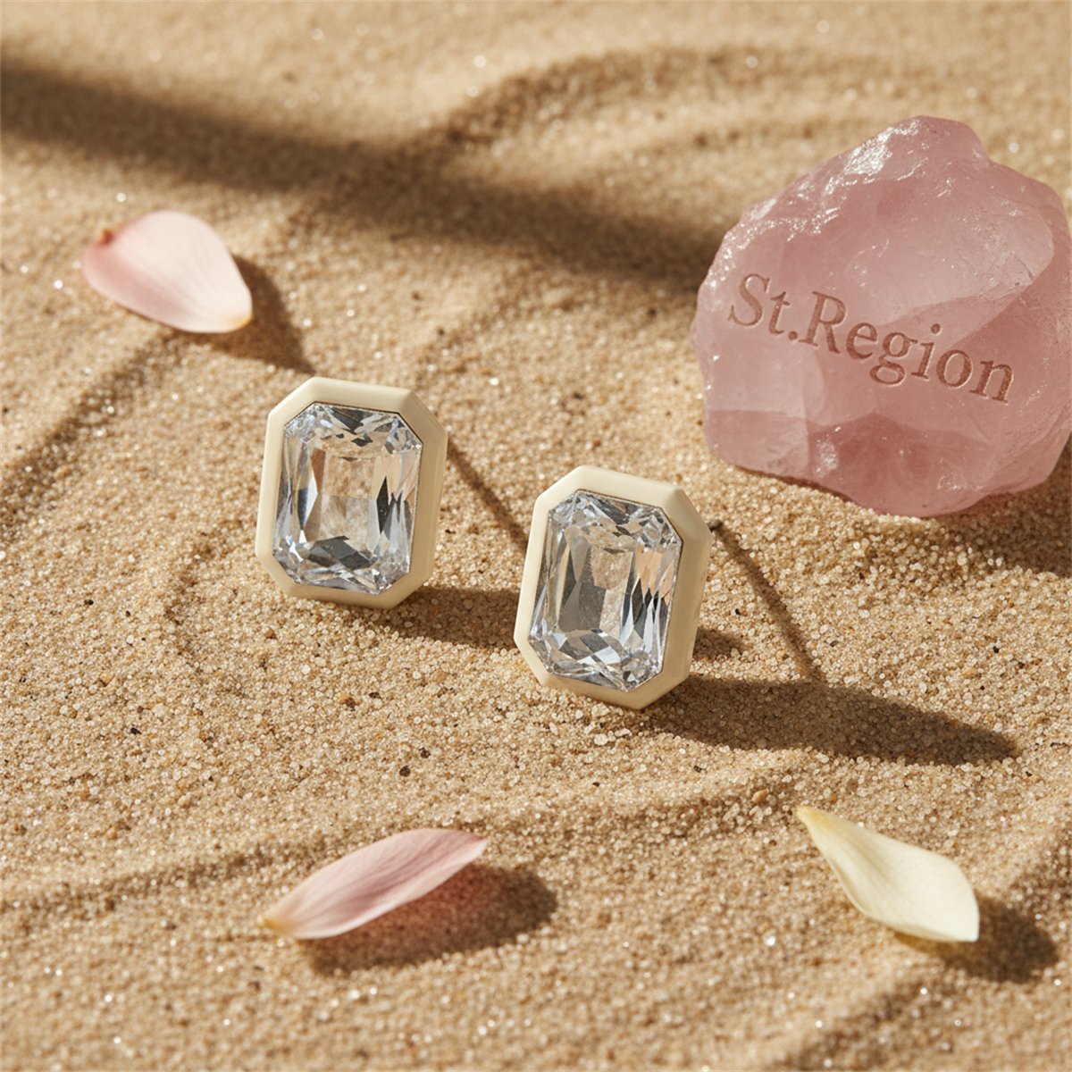Crystal and White Rectangle Stud Earrings, stud earrings for women, botanical inspired, detail close-up