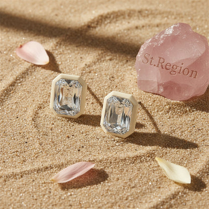 Crystal and White Rectangle Stud Earrings, stud earrings for women, botanical inspired, detail close-up