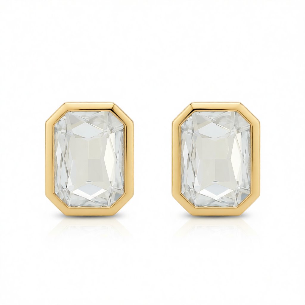 Crystal and White Rectangle Stud Earrings, stud earrings for women, botanical inspired, side view