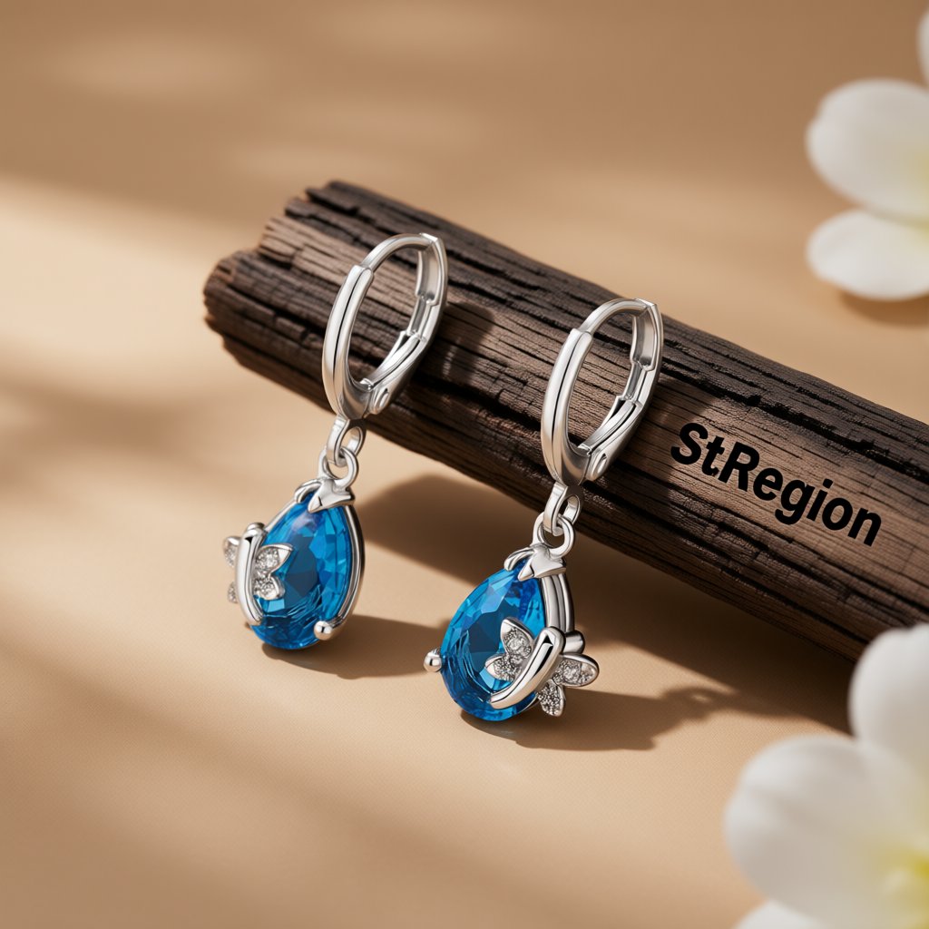 Blue Crystal and Cubic Zirconia Butterfly Teardrop Earrings, huggie earrings, dainty minimalist design, front view