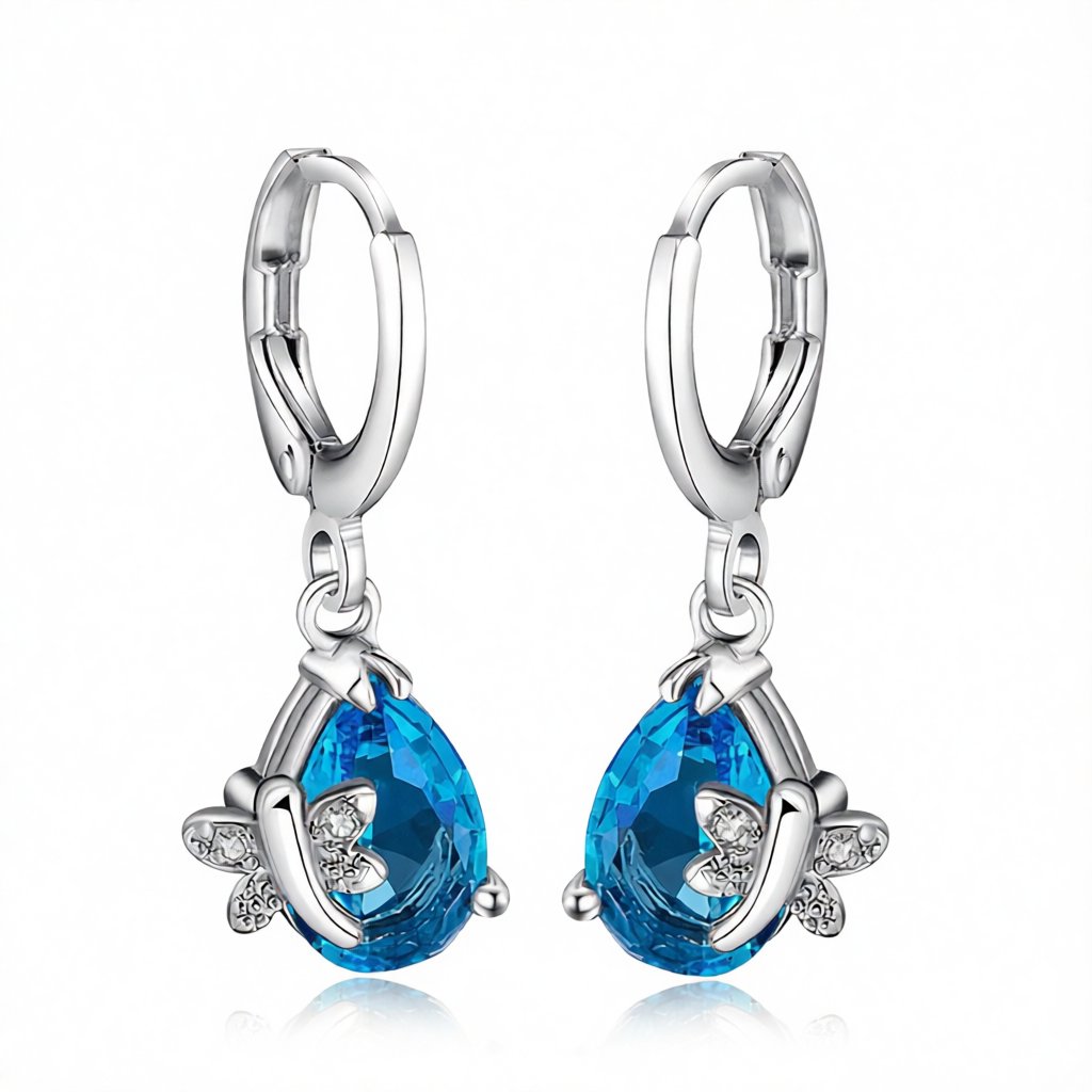 Blue Crystal and Cubic Zirconia Butterfly Teardrop Earrings, huggie earrings, dainty minimalist design, side view