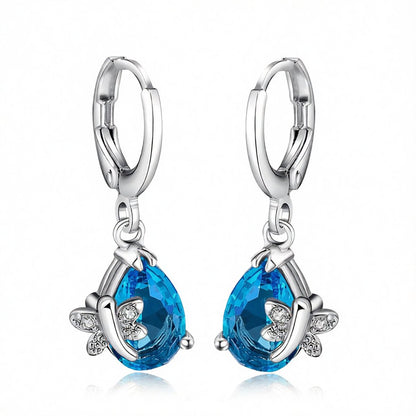 Blue Crystal and Cubic Zirconia Butterfly Teardrop Earrings, huggie earrings, dainty minimalist design, side view