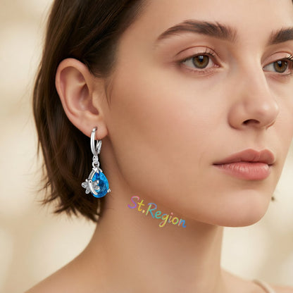 Blue Crystal and Cubic Zirconia Butterfly Teardrop Earrings, huggie earrings, dainty minimalist design, styled look