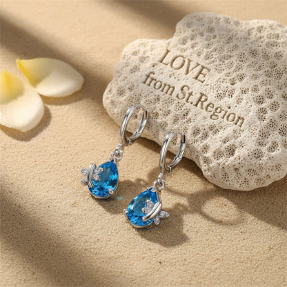 Blue Crystal and Cubic Zirconia Butterfly Teardrop Earrings, huggie earrings, dainty minimalist design, lifestyle look