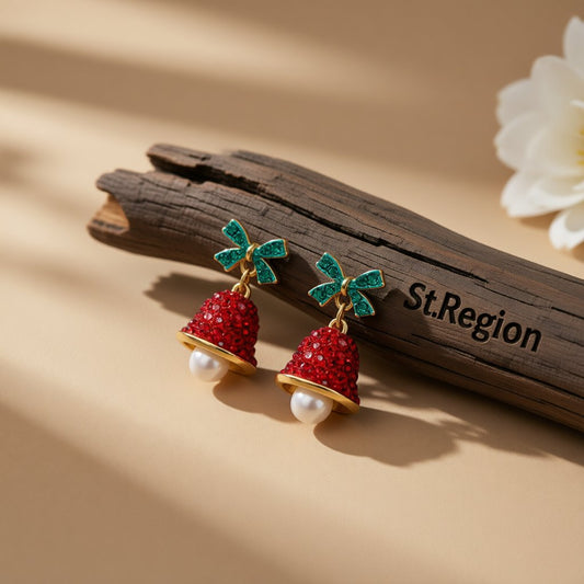 Red Cubic Zirconia and Pearl Bow Bell Drop Earrings, drop earrings for women, botanical inspired, front view