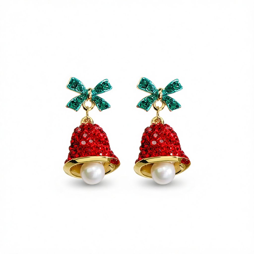Red Cubic Zirconia and Pearl Bow Bell Drop Earrings, drop earrings for women, botanical inspired, side view