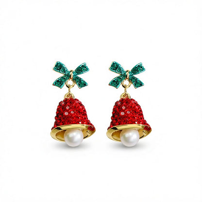 Red Cubic Zirconia and Pearl Bow Bell Drop Earrings, drop earrings for women, botanical inspired, side view