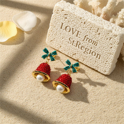 Red Cubic Zirconia and Pearl Bow Bell Drop Earrings, drop earrings for women, botanical inspired, lifestyle look
