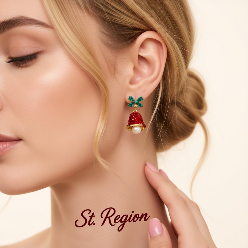 Red Cubic Zirconia and Pearl Bow Bell Drop Earrings, drop earrings for women, botanical inspired, styled look
