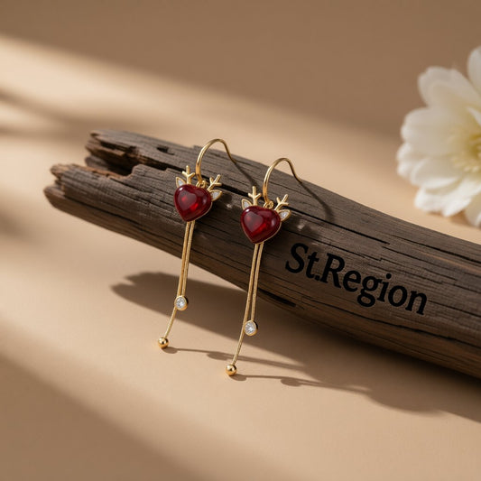Red Crystal and Cubic Zirconia Reindeer Pear Tassel Drop Earrings, huggie earrings, everyday style, front view