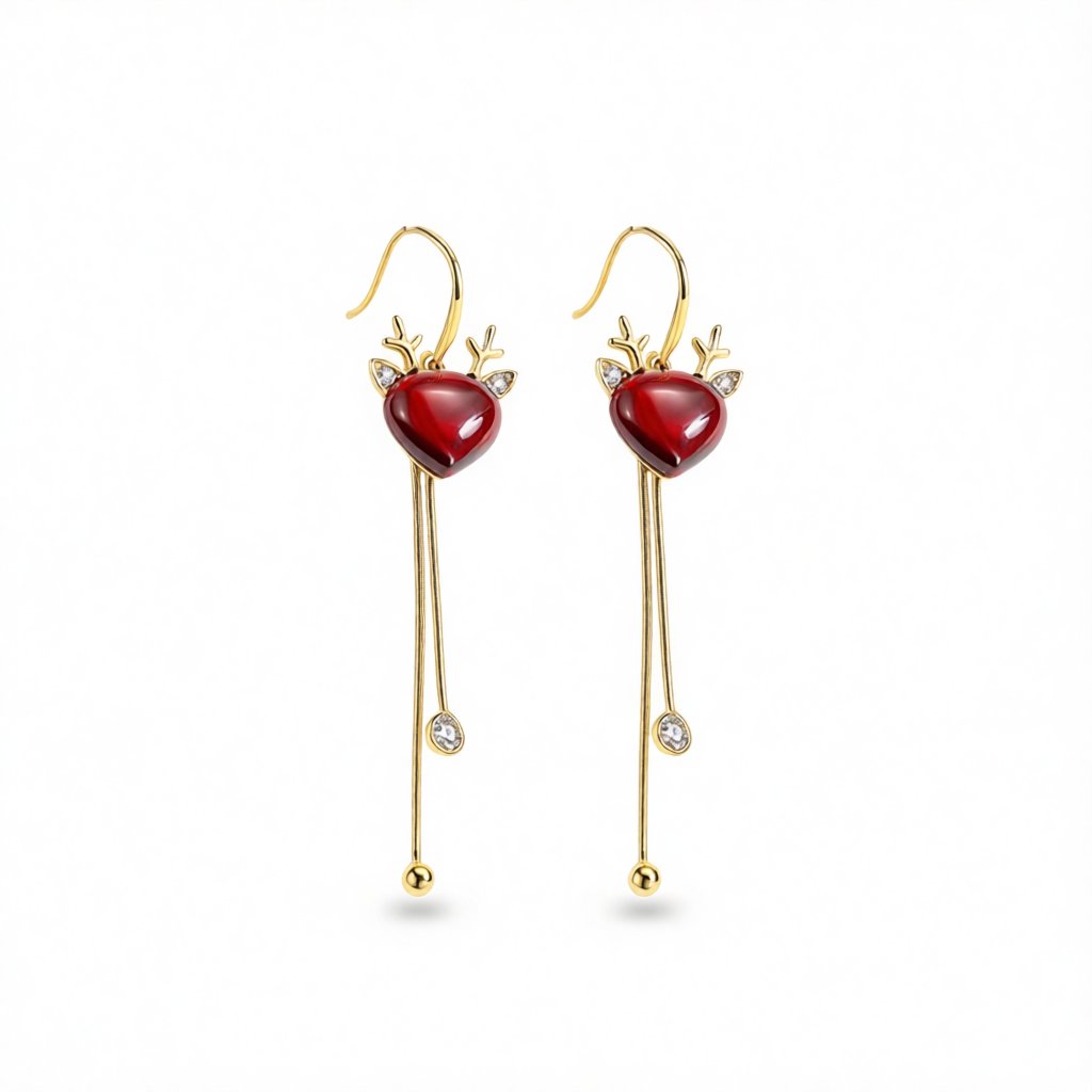 Red Crystal and Cubic Zirconia Reindeer Pear Tassel Drop Earrings, huggie earrings, everyday style, side view