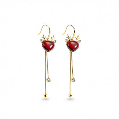 Red Crystal and Cubic Zirconia Reindeer Pear Tassel Drop Earrings, huggie earrings, everyday style, side view