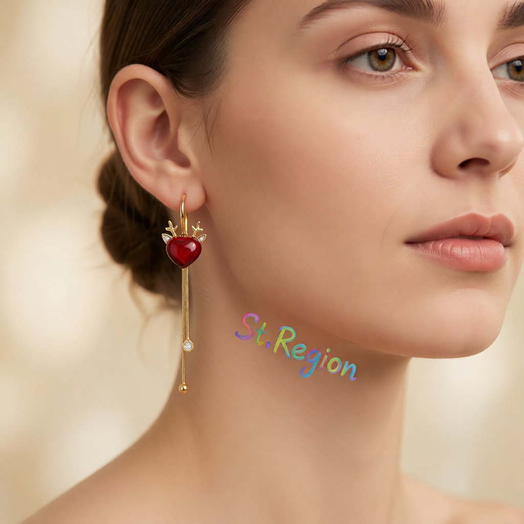 Red Crystal and Cubic Zirconia Reindeer Pear Tassel Drop Earrings, huggie earrings, everyday style, styled look
