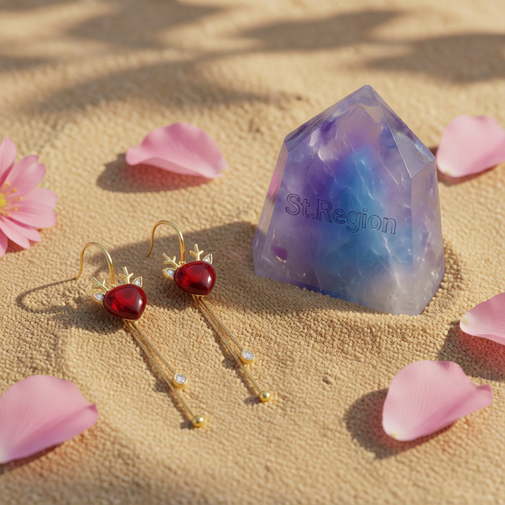 Red Crystal and Cubic Zirconia Reindeer Pear Tassel Drop Earrings, huggie earrings, everyday style, detail close-up