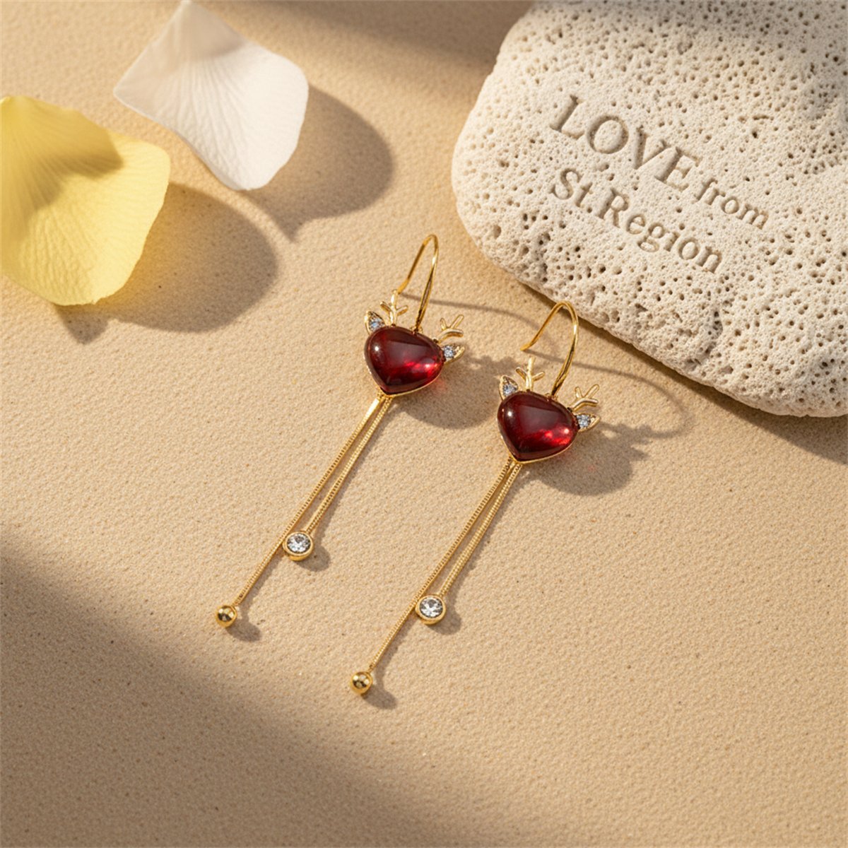 Red Crystal and Cubic Zirconia Reindeer Pear Tassel Drop Earrings, huggie earrings, everyday style, lifestyle look