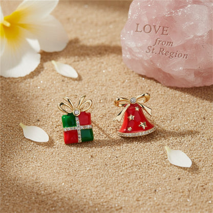 Red Enamel and Cubic Zirconia Christmas Gift and Bell Mismatch Stud Earrings, stud earrings for women, detail close-up