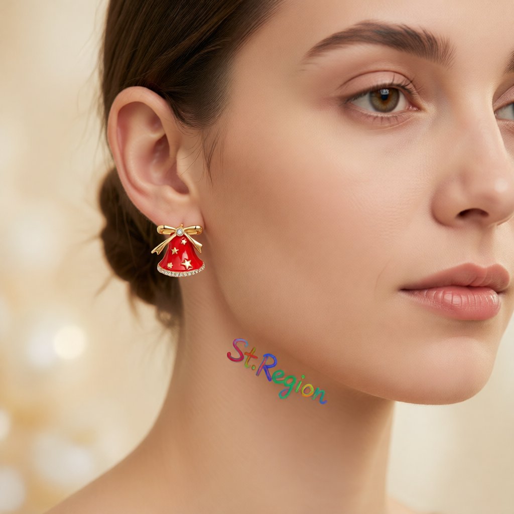 Red Enamel and Cubic Zirconia Christmas Gift and Bell Mismatch Stud Earrings, stud earrings for women, styled look
