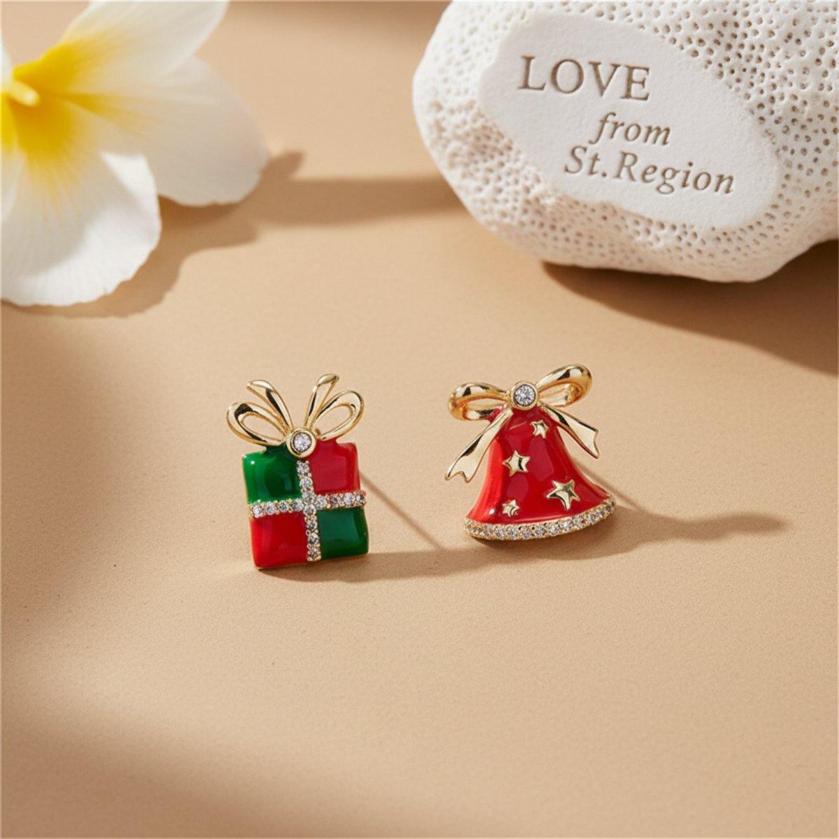 Red Enamel and Cubic Zirconia Christmas Gift and Bell Mismatch Stud Earrings, stud earrings for women, lifestyle look