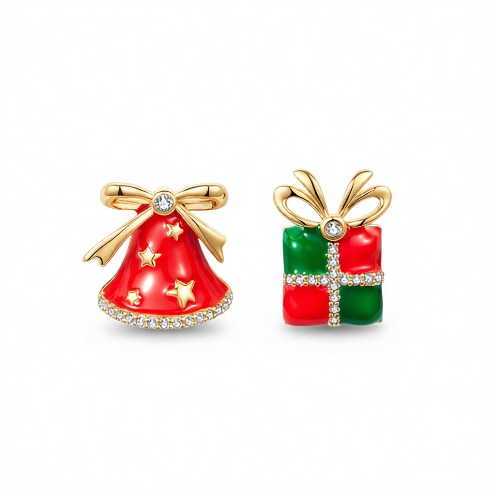 Red Enamel and Cubic Zirconia Christmas Gift and Bell Mismatch Stud Earrings, stud earrings for women, side view