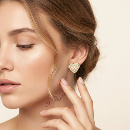 Cubic Zirconia and Pearl 18K Gold-Plated Heart Stud Earring, gold stud earrings for women, elegant gift for her, styled look