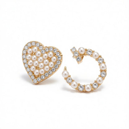 Cubic Zirconia and Pearl 18K Gold-Plated Heart Stud Earring, gold stud earrings for women, elegant gift for her, side view