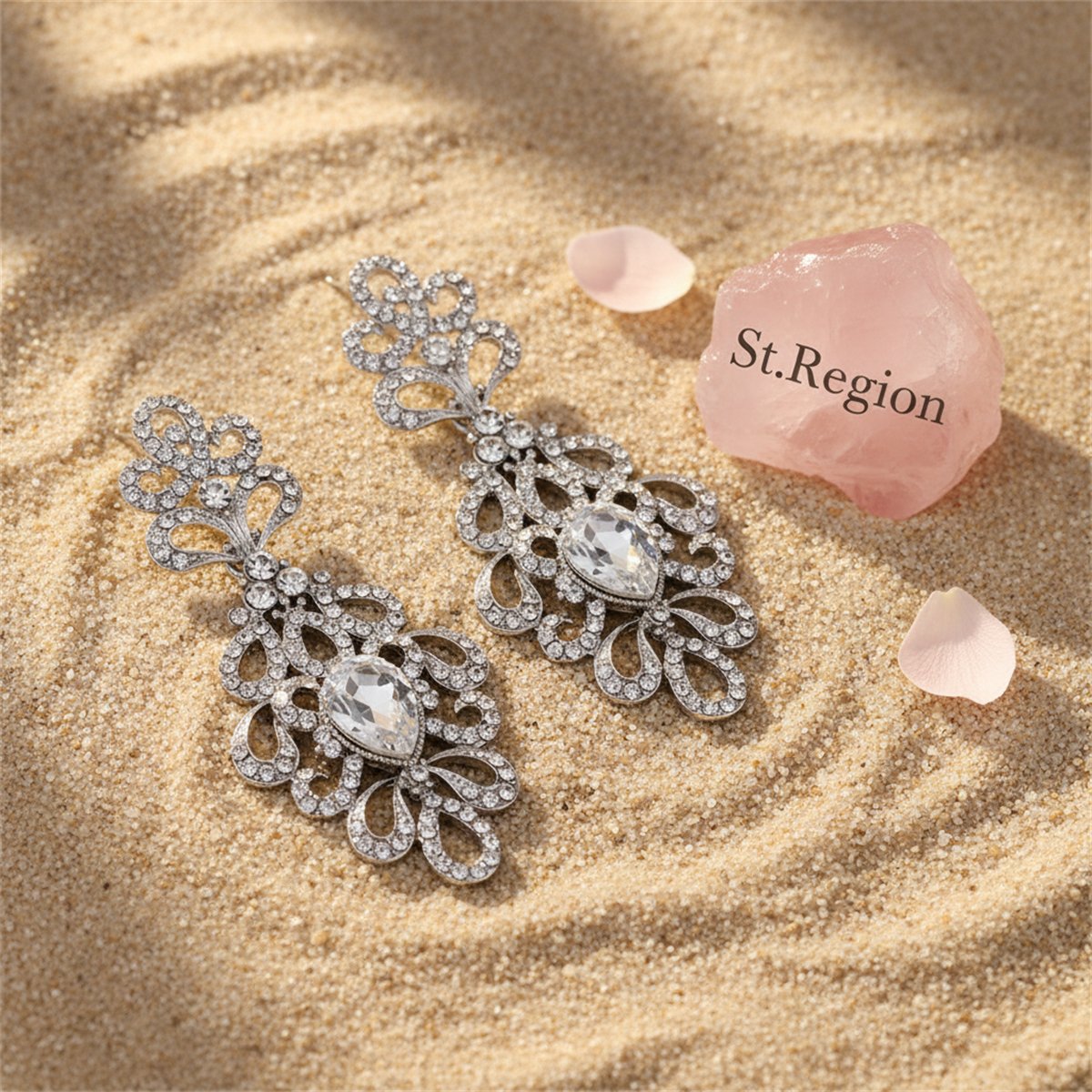 Cubic Zirconia and Crystal Botanical Drop Earrings, drop earrings for women, everyday style, detail close-up