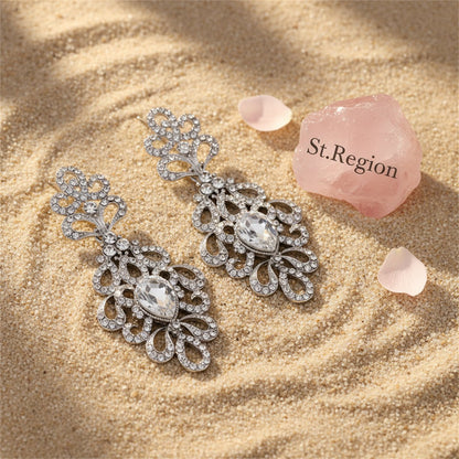 Cubic Zirconia and Crystal Botanical Drop Earrings, drop earrings for women, everyday style, detail close-up