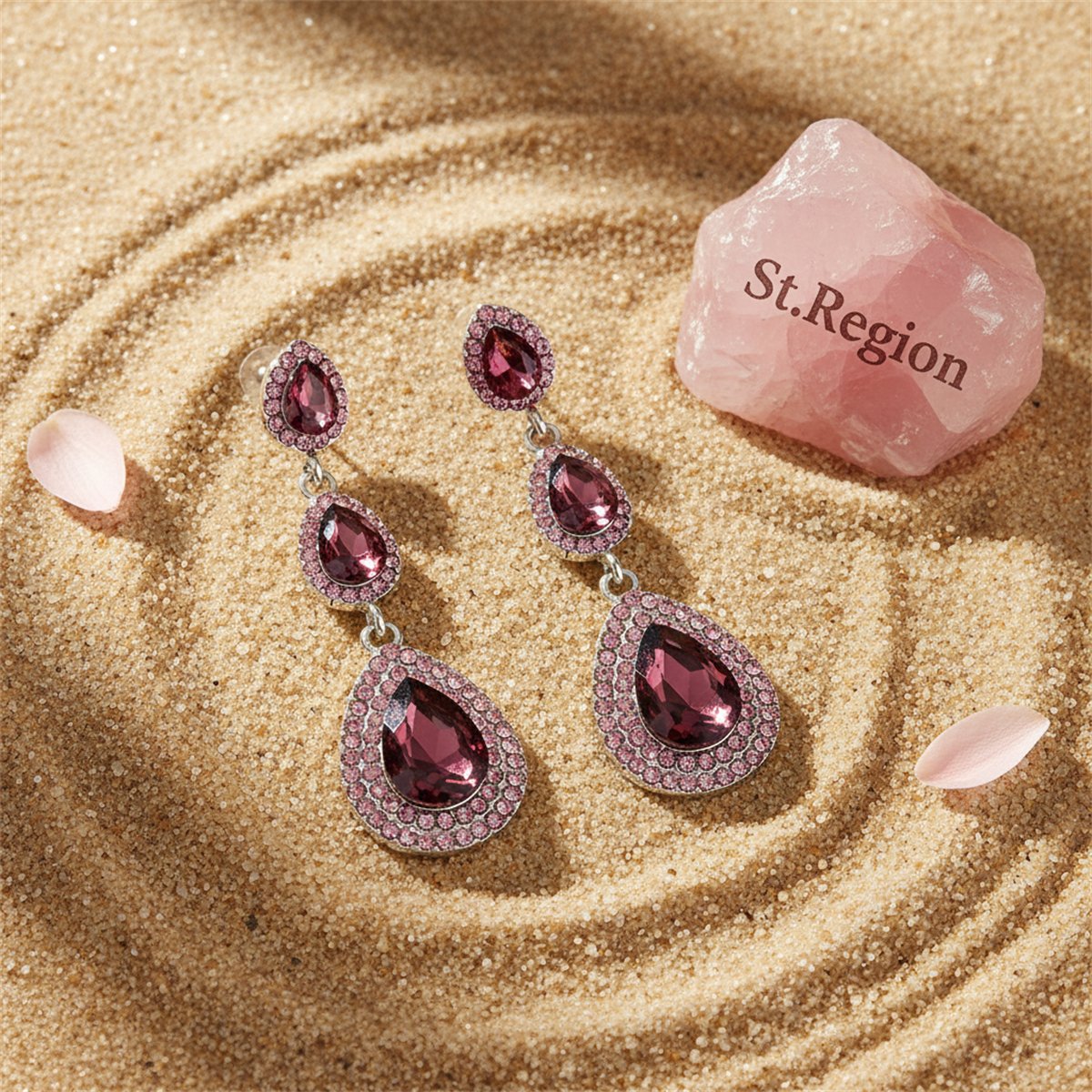 Burgundy Crystal and Cubic Zirconia Halo Stacked Teardrop Earrings, drop earrings for women, detail close-up