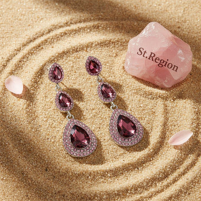 Burgundy Crystal and Cubic Zirconia Halo Stacked Teardrop Earrings, drop earrings for women, detail close-up