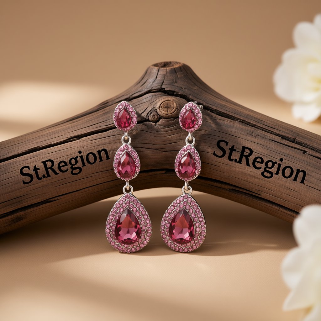 Burgundy Crystal and Cubic Zirconia Halo Stacked Teardrop Earrings, drop earrings for women, elegant gift for her, front view