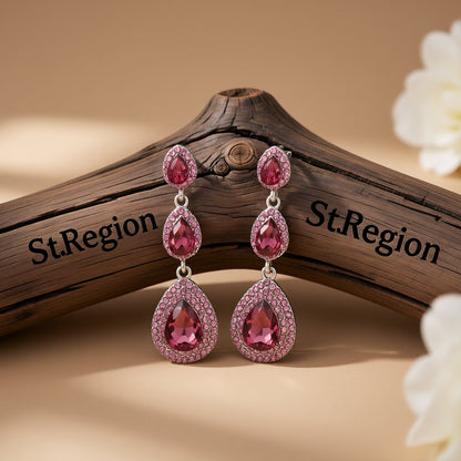 Burgundy Crystal and Cubic Zirconia Halo Stacked Teardrop Earrings, drop earrings for women, elegant gift for her, front view