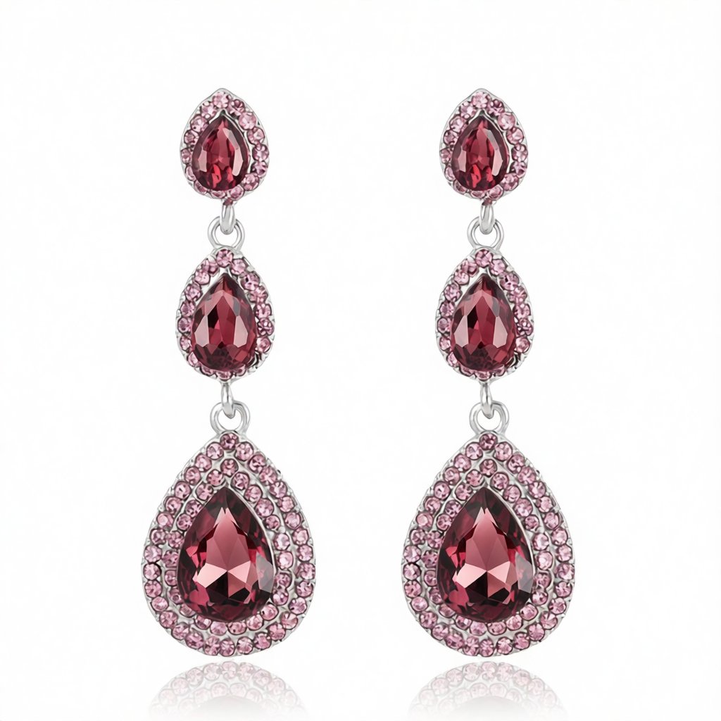 Burgundy Crystal and Cubic Zirconia Halo Stacked Teardrop Earrings, drop earrings for women, elegant gift for her, side view