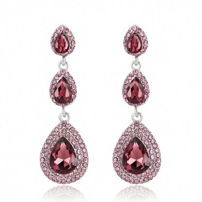 Burgundy Crystal and Cubic Zirconia Halo Stacked Teardrop Earrings, drop earrings for women, elegant gift for her, side view